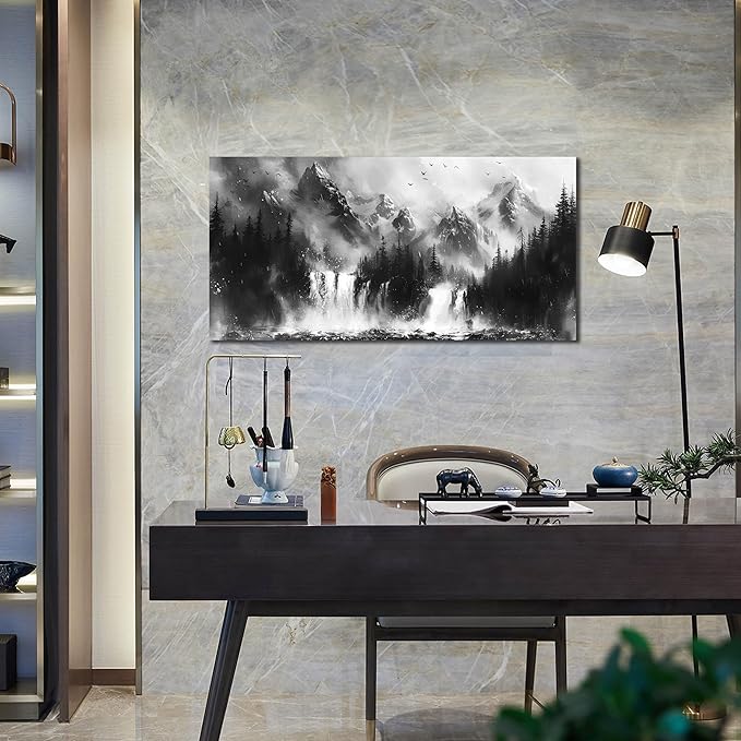 Mountain Wall Art For Office - Black And White Pictures Wall Art For Living Room - Forest Wall Decor For Bedroom Size 20" x 40"