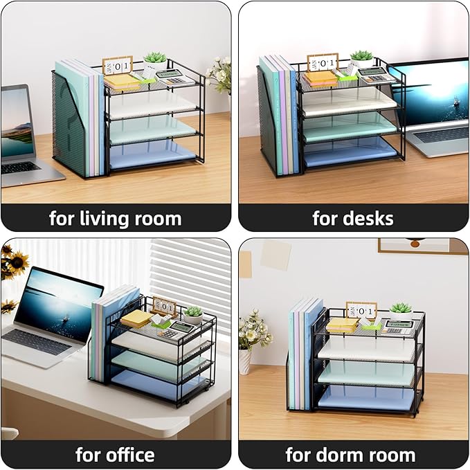 Marbrasse Desk Organizer and Accessories，4-Tier Paper Letter Tray Organizer with File Holder，Desk Accessories & Workspace Desktop Organizers for School Home Office Supplies (Black)