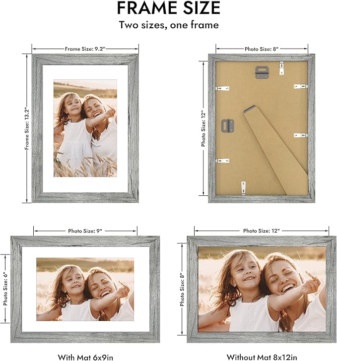 8x12 Picture Frame with Glass, Display Pictures 6x9 with Mat or 8 x 12 without Mat - Wall and Tabletop, 8 by 12 Photo Wooden Frames (Grey, 1 Pack)