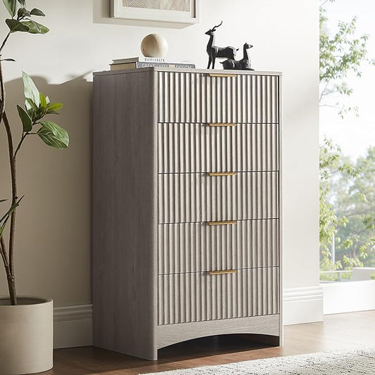 Amada Tall 5 Drawer Dresser, Modern Fluted Vertical Chest with Rounded Corners, Pre-Installed Drawer Slides & Narrow Storage Design for Bedroom or Hallway in Grey