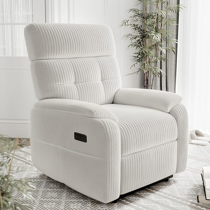 Claiks Zero Gravity Recliner Chair, Oversized Reclining Chair for Adults, Adjustable Electric Reclining Sofa Lounge with USB&Type-C Ports, Side Pocket, for Living Room, Corduroy, White