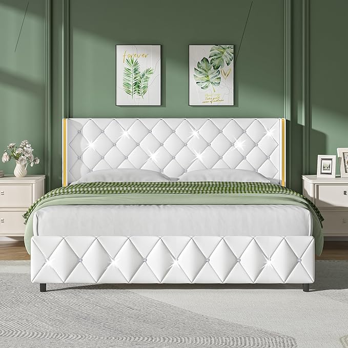 King Bed Frame with Headboard and Footboard, Velvet Upholstered Bed Frame with Diamond Tufted Design, King Size Bed with Wooden Slats Support, No Box Spring Required, Easy Assembly, Black