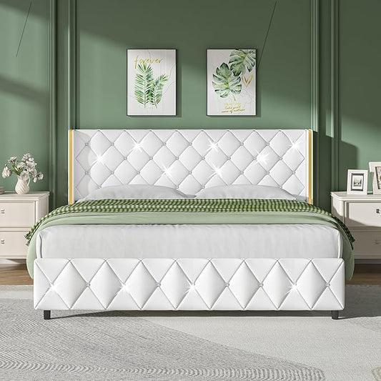 King Bed Frame with Headboard and Footboard, Velvet Upholstered Bed Frame with Diamond Tufted Design, King Size Bed with Wooden Slats Support, No Box Spring Required, Easy Assembly, Black