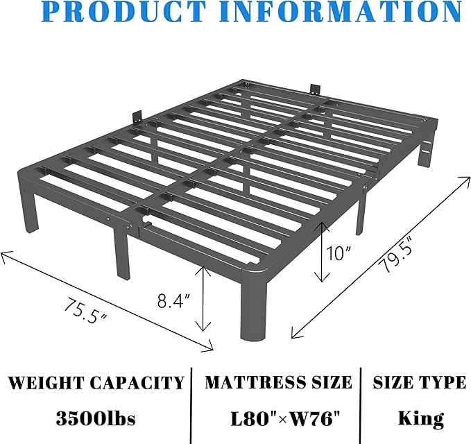 10 Inch King Size Bed Frame, Metal King Platform Bed Frame with Baffles, No Box Spring Needed, Heavy Duty Steel Support, Rounded Corner Legs, Reserved Holes, Noise Free, Storage Space, Black