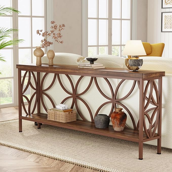 Tribesigns 70.9-Inch Narrow Sofa Table, Industrial Long Sofa Table Behind Couch, Entry Console Table with Storage for Entryway, Living Room, Foyer, Unique Design, Brown Matte