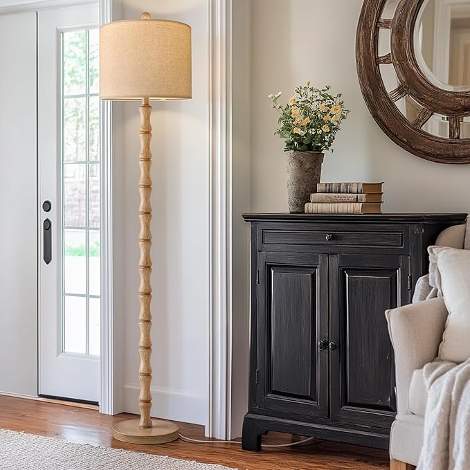 BOBOMOMO 62" Rustic Farmhouse Floor Lamp with Remote & Dimmable 9W Bulb, 3 Color Temperatures Resin Standing Lamp, Retro Corner Tall Lamp for Living Room, Bedroom, Nursery, Office, Reading Nock