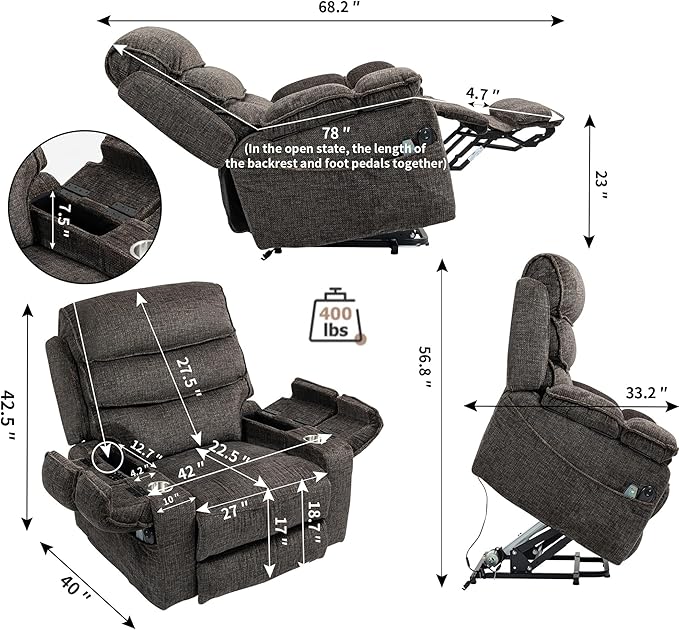 Oversized Lift Recliner with Extended Footrest for Seniors, Heavy Duty Recliners with Heat Massage, Extra Wide Seat, Arm Storage & Cup Holders, Lay Flat 160° for Elderly Big Tall Man 400lb