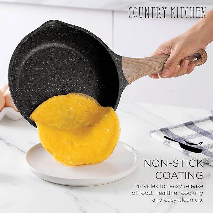 Country Kitchen Pots and Pans Set Nonstick, Cast Aluminum Kitchen Cookware Set with Utensils, 14 Pcs Non Stick Cooking Set w/Frying Pans & Saucepans, Black