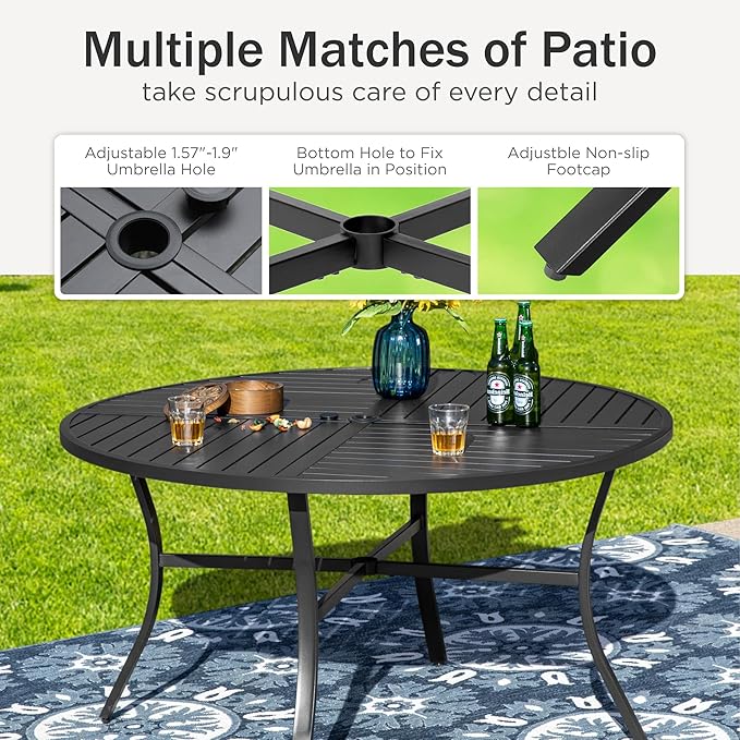 PHI VILLA 5 Pieces Outdoor Dining Set for 4, Round Metal Steel Table with Umbrella Hole & Swivel Wrought Iron Chairs with Cushions, Large Modern Furniture for Patio, Deck, Backyard, Porch