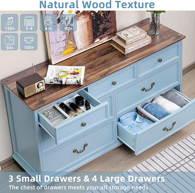 Farmhouse 54" 7 Drawers Dresser for Bedroom, Wide Wood Chest of Drawers w/ 4 Wooden Legs, Vintage Large Storage Dressers Organizer for Hallway, Rustic TV Stand for Living Room, Light Blue