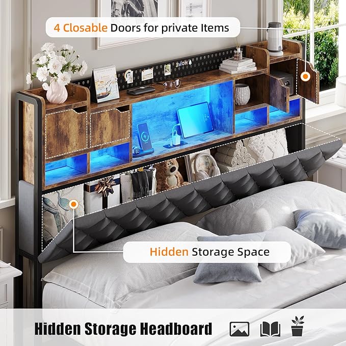 King Size Bed Frame with Upholstered Storage Headboard, King Bed Frame with Smart LED Lights, Camas King Bed with Charging Station,Noise-Free, Metal Support, No Box Spring Needed, Gray