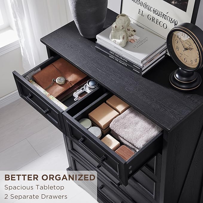 6 Drawer Dresser, Farmhouse Chest of Drawers for Bedroom, 44" Tall Dresser with Large Metal Handles, Wood Drawer Organizer for Living Room, Hallway, Closet - Black