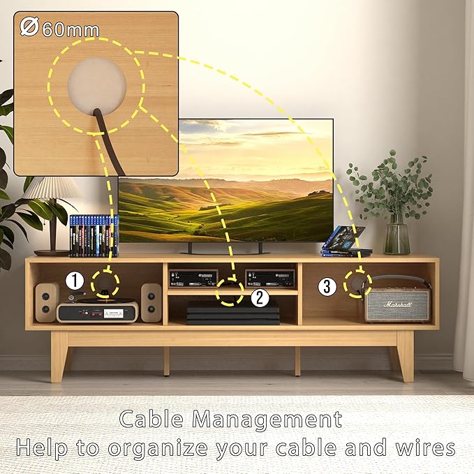 Boho TV Stand for 55 65 Inch TV, Rattan Entertainment Center with Shelves, Cabinets and Sliding Doors, TV Media Console Table with Solid Wood Feet & Cord Holes for Living Room, Bedroom, Natural