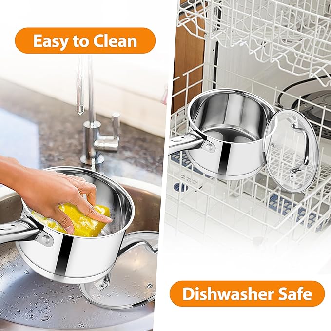 TeamFar Saucepan with Lid, 1QT & 2QT Stainless Steel Sauce Milk Pan with Tri-ply Bottom for Induction/Gas/Electric/Ceramic, Healthy & Heavy Duty, Mirror Finish & Straight Side, Dishwasher Safe