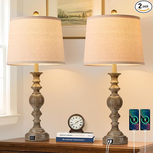 Farmhouse Table Lamps for Living Room Set of 2, Rustic Table Lamp with USB Ports, 28" Tall Table Lamps for Bedroom Nightstand, Bulb Not Included