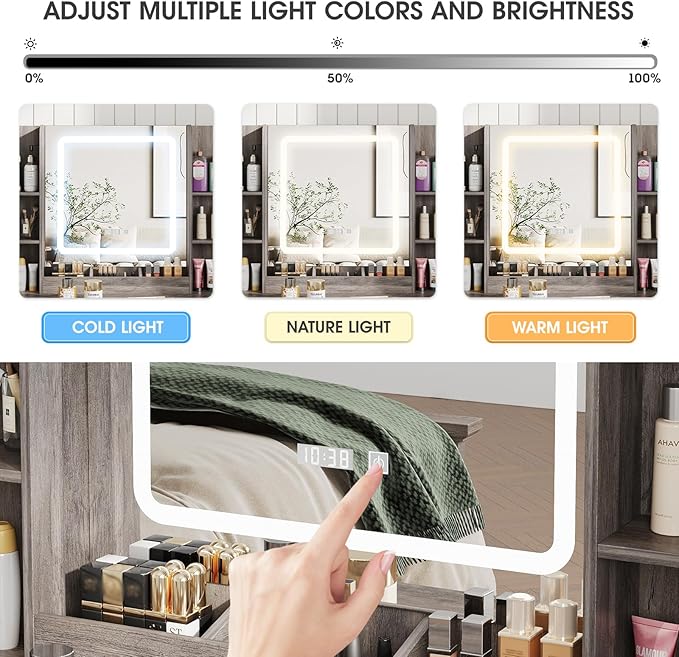 Vabches Makeup Vanity Desk, Vanity Mirror with Lights Desk and Chair,Makeup Table with 3 Large Drawers and 2 Cabinets, Time and Temperature Display, 3 LED Lighting Modes Adjustable, Grey