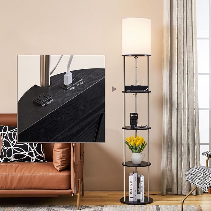 ATAMIN Aria Plus - 72" Modern Tall LED Floor Lamp with USB-C & AC Outlets, Black