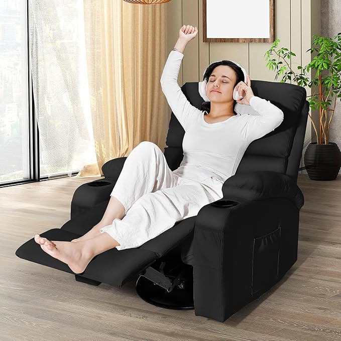 LEVELEVE Rocking Recliner Chair, Massage Rocker Recliner Chair with Vibration Massage and Heat, 360° Swivel Faux Leather Chairs, Living Room, Bedroom, Nursery, RV, Black