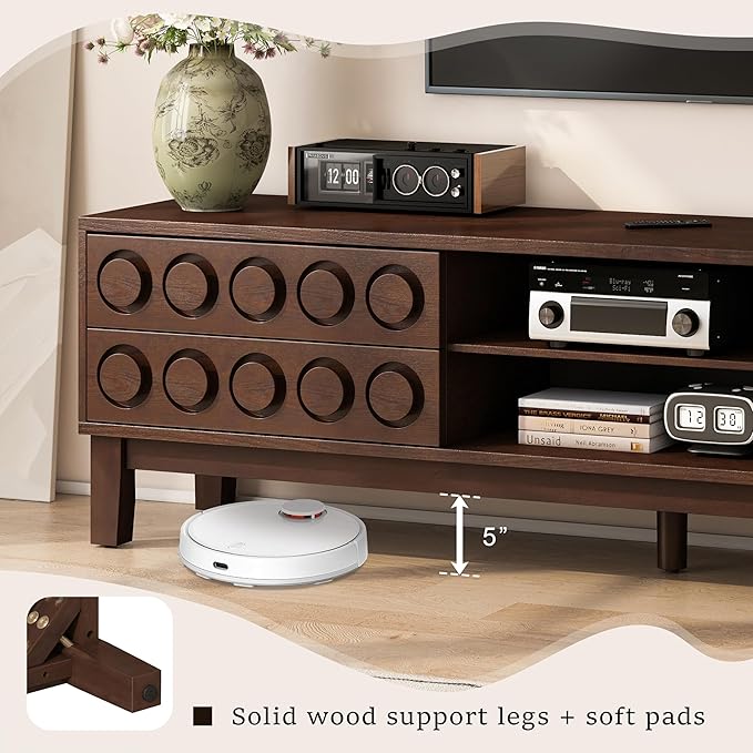 70" Modern TV Stand, Entertainment Center for Tvs up to 75", Unique Circular Design, TV Media Console with 4 Drawer & Open Storage for Living Room (Walnut)