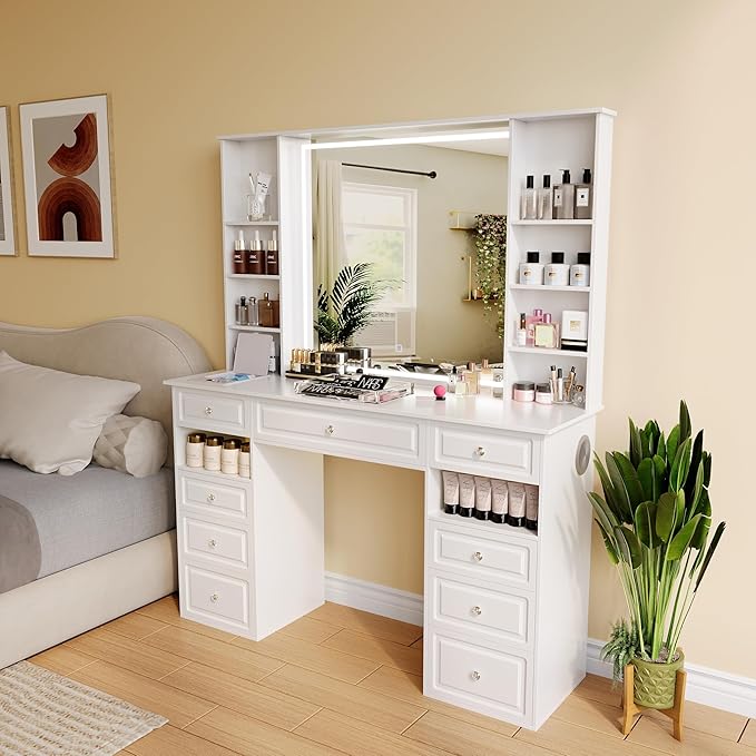 Extra Large Vanity Desk with Mirror and Lights, White Vanity with Bluetooth Speaker, Wireless Charging and Mask Cooler, Makeup Vanity Table with 9 Drawers for Women (Minimalist Style)