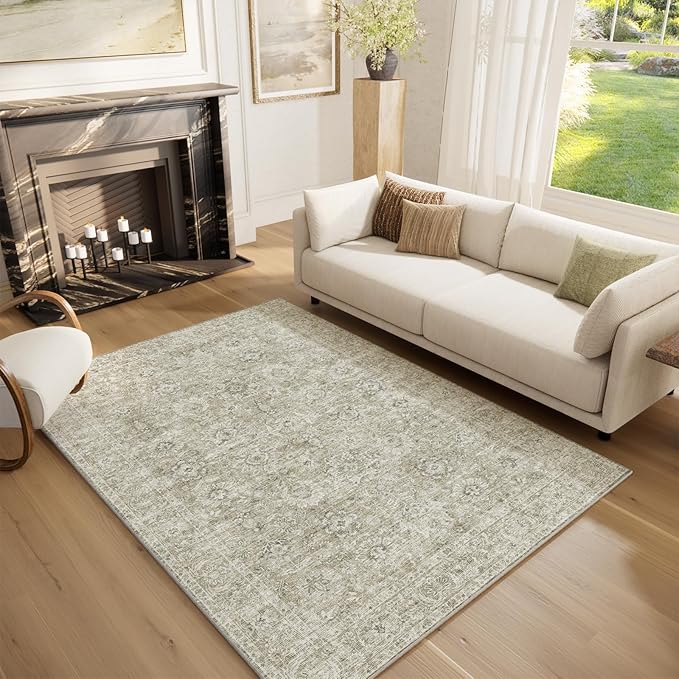 Washable Area Rugs 5'x7' Non-Slip Vintage Boho Distressed Fade Resistant Low Pile Carpet for High-Traffic Living Room, Bedroom & Dining Room