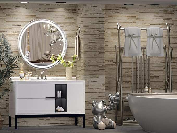 Hasipu 24 Round LED Mirror for Bathroom with Lights, Silver Circular Vanity Mirror for Wall, Metal Framed Frontlit Bathroom Mirrors Anti-Fog, Dimmable, 3 Colors Makeup Mirror Wall Mounted