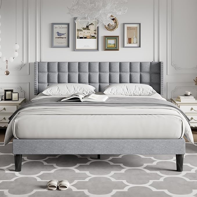 VECELO Headboard King Size, Linen Upholstered Headboards Only with Nailhead Trim Wingback, Square Stitched Design, Adjustable Height from 40" to 49.8", Light Grey
