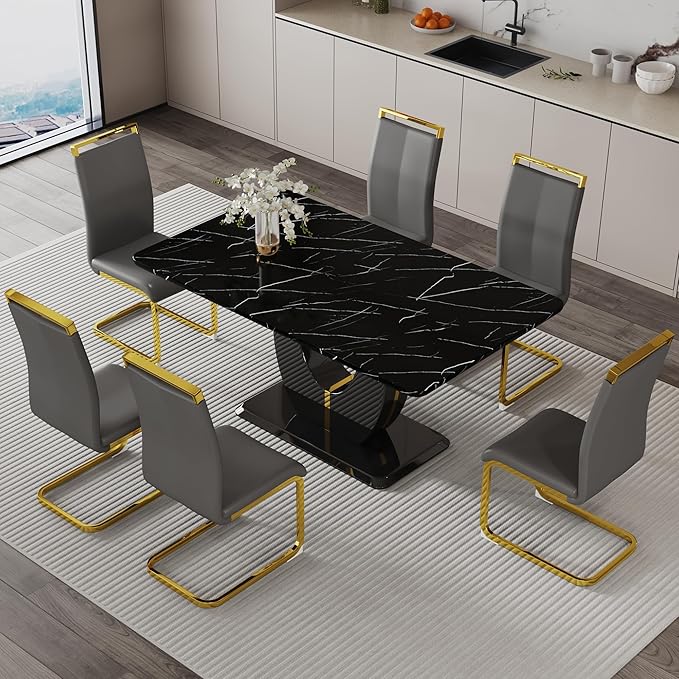 Dining Table Set for 6, Kitchen Table Chairs Set of 6, Modern Dining Room Set with 63 inch Marble Dinner Table PU Leather Upholstered Chairs for Dining Room Kitchen