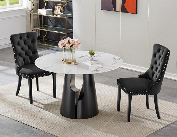 3-Piece Faux Marble Round Dining Table Set for 2, Modern Luxury Kitchen Table Set for 2 with Black Tufted Chairs,Circle Dining Tables with White Marble Grain Top and Black Pedestal Base