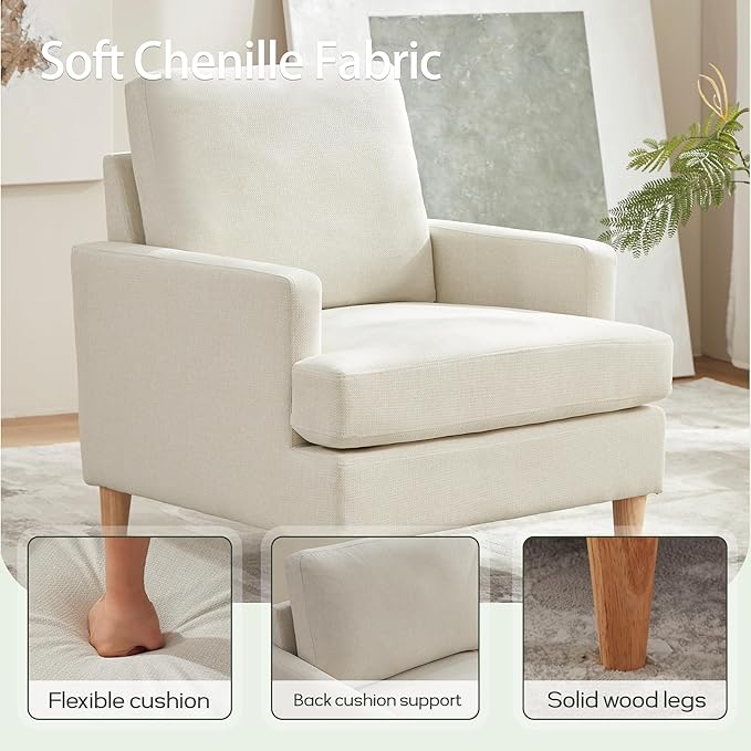 VKNOW Mid-Century Accent Chairs Set of 2, Modern Upholstered Chenille Armchair for Living Room,Comfy Reading Accent Chairs with Wood Legs for Bedroom, Beige Polyester