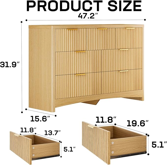 Marsail 7 Drawer Wooden Dresser with Smooth-Glide Drawers, Modern Storage Solution for Bedrooms, Living Rooms, and Hallways, Featuring Large Capacity and an Elegant Natural Wood Finish, Natural Oak