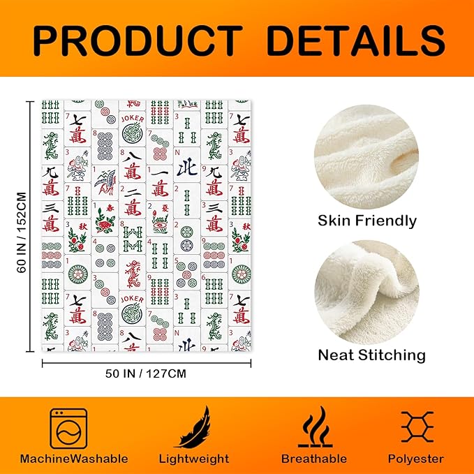 Mahjong Gifts Throw Blanket,Gifts for Women Gilrs Mah Jong Players Lovers,Mahjong Blanket for Office Couch Bed Girls Dorm Bedroom Living Room,50x60 Inches