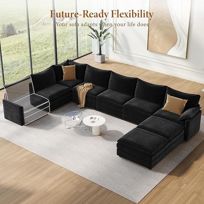 Vesgantti Large Modular Sectional Sofa, Big Comfy Cloud Couch with Ottoman Deep Seat Corduroy Cloud Sofa, 8 Seater Large Sectional Couches for Living Room, Bedroom and Apartment, Black