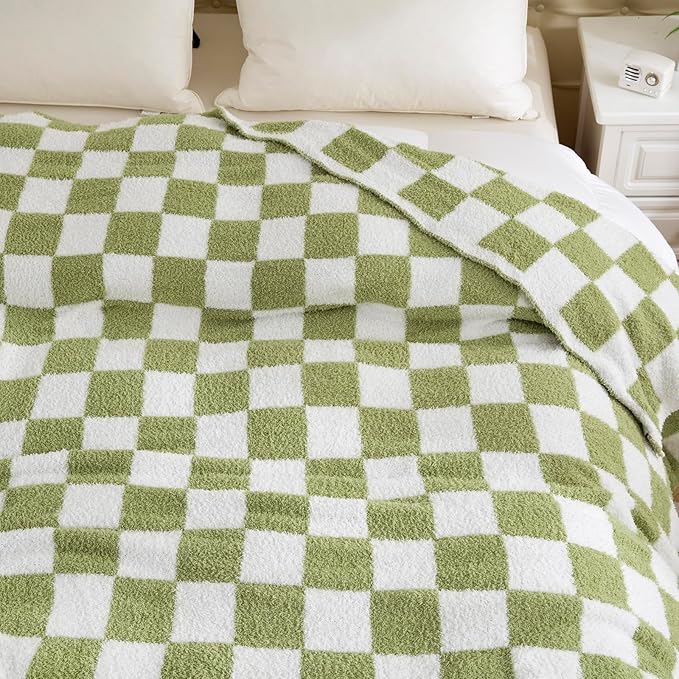 YIRUIO Throw Blanket Checkered Chessboard Fluffy Fuzzy Warmer Comfort Reversible Super Soft Cozy for Home Decor Bed Couch Sofa Living Room (Sage Green, 80''x90'')