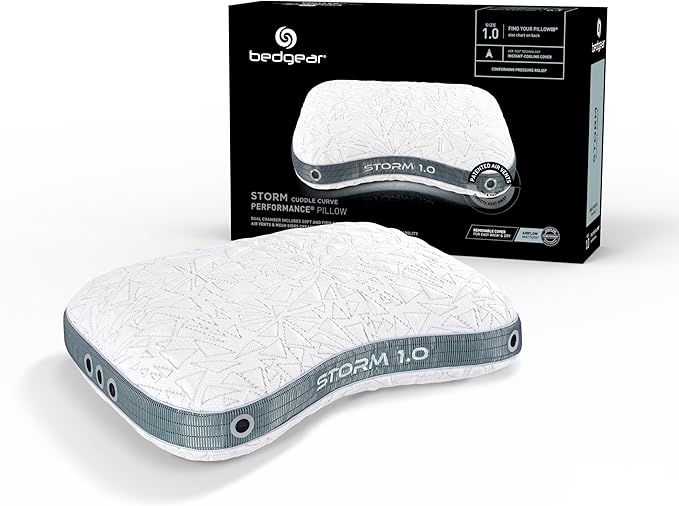 Bedgear Storm Cuddle Curve Performance Pillow - Size 1.0 - Cooling Bed Pillow for Side Sleepers - Medium Firmness- Washable and Removable Cover - 20" W x 26" L