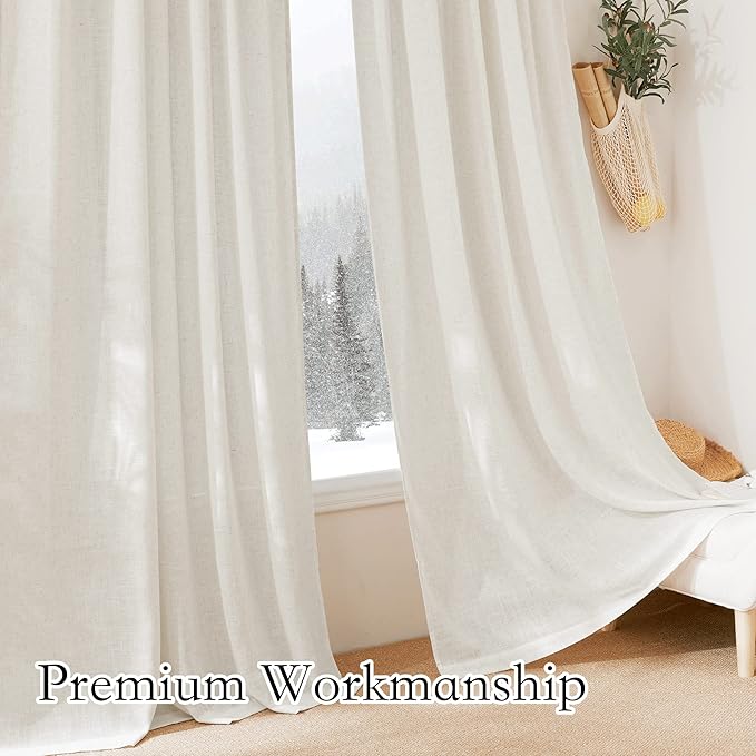 RYB HOME Thick Linen Curtains, Extra 66 inches Widith Light Filtering Semi Translucent Farmhouse Window Treatments for Home Office Living Room Bedroom, W 66 x L 95 inches, Linen, 2 Panels