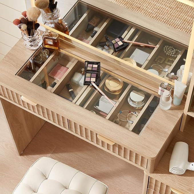 LEYAOYAO Vanity Desk with Mirror and Lights with Stool, 43.5'' Fluted Makeup Vanity with 6 Drawers and Adjustable Shelves,Wood Make Up Vanity Set with Glass Top and Power Outlet for Bedroom