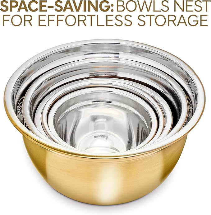 COOK WITH COLOR 18 Piece Mixing Bowls Set with Airtight Lids, Stainless Steel Bowl Organizers, Food Storage Containers, Meal Prep, Nesting Salad Bowls For Cooking, Baking, Kitchen Use, Gold