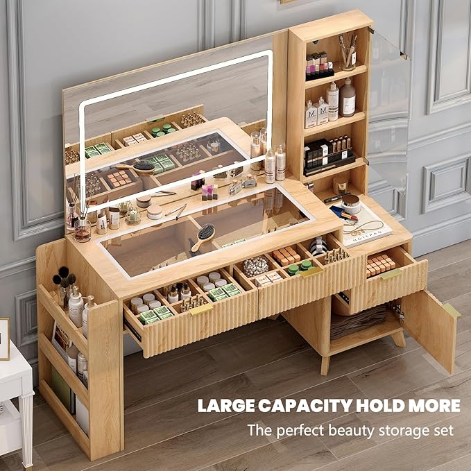 52" Fluted Vanity Desk with Large 34" Mirror and Lights 3 Colors, Big Makeup Vanity Desk with Transparent Top & Power Outlet, Dressing Table with Drawers, Side Cabinet, Dresser for Bedroom (Oak)