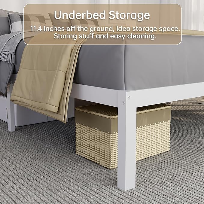 14 Inch Bamboo Bed Frame – Solid Wood Platform Bed Frame, Strong and Stable, with Non-Slip Slats for Support, No Box Spring Needed, Easy to Assemble, Noise-Free (White, Full)