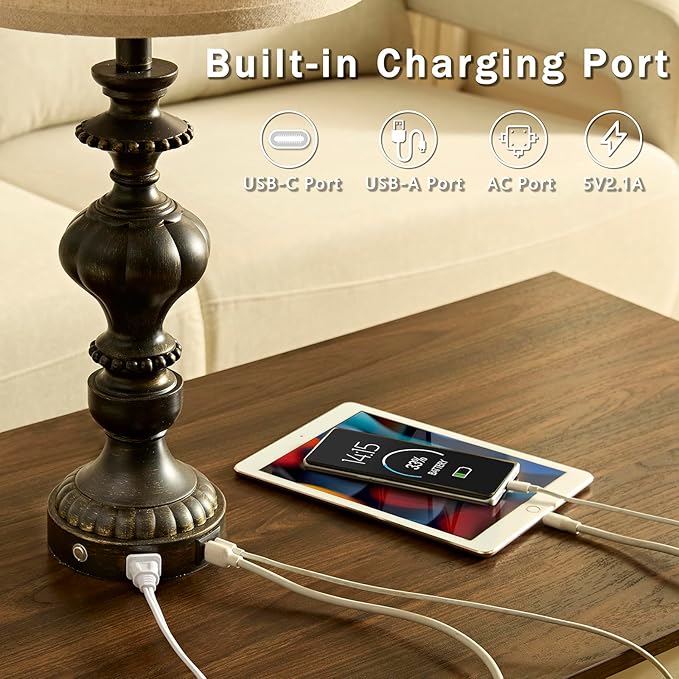 27.5" Farmhouse Table Lamps Set of 2 Bedside Lamp with USB C+A Ports & AC Outlet, 3 Way Dimmable Touch Lamps for Living Room Bedroom Office Hallway Rustic Nightstand Traditional Lamp