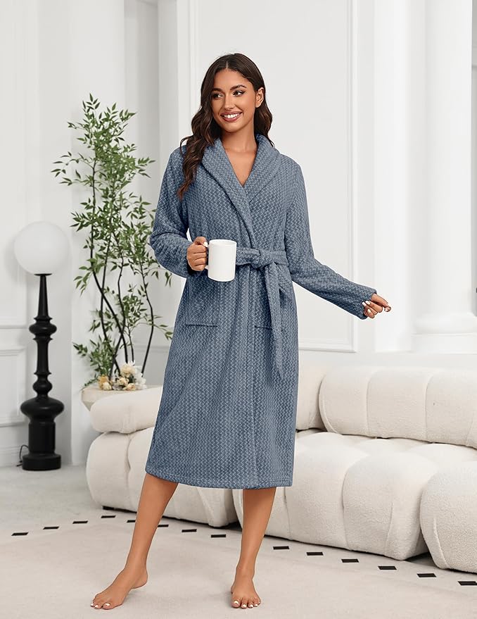 Ekouaer Women's Robe Plush Soft Long Bathrobe Cozy Warm Shawl Collar Spa Robe with Pockets