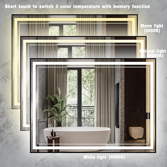 40" x 30" LED Bathroom Mirror with Lights Framed LED Mirror for Bathroom Backlit and Front Lighted Bathroom Mirror Black Square Aluminum Frame Anti-Fog Dimmable Shatter-Proof Memory