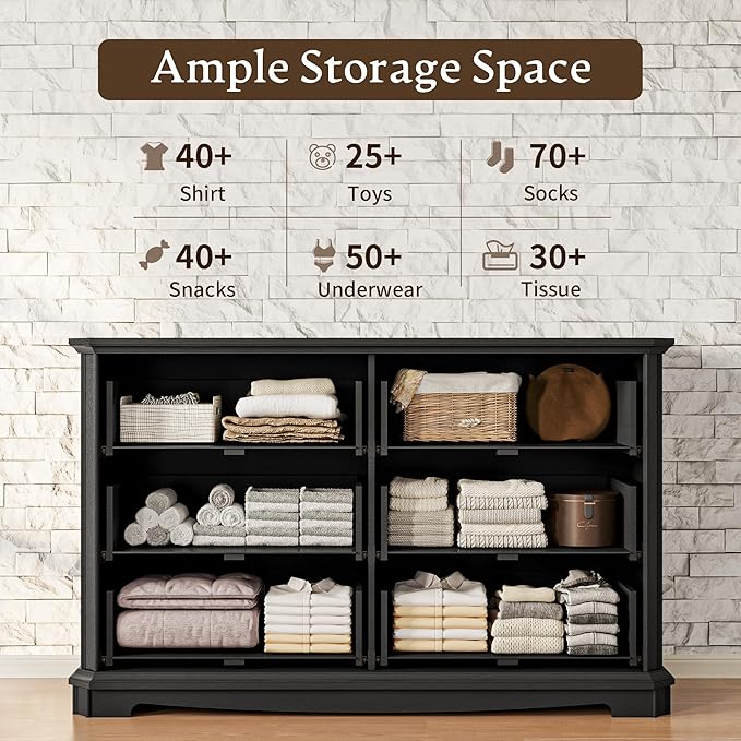 Farmhouse Dresser for Bedroom with 6 Drawer, 48" Wide Rustic Chest of Drawers with Metal Handle, Wood Vintage Dresser TV Stand, Wooden Closet Storage Dressers Organizer for Living Room, Hallway, Black