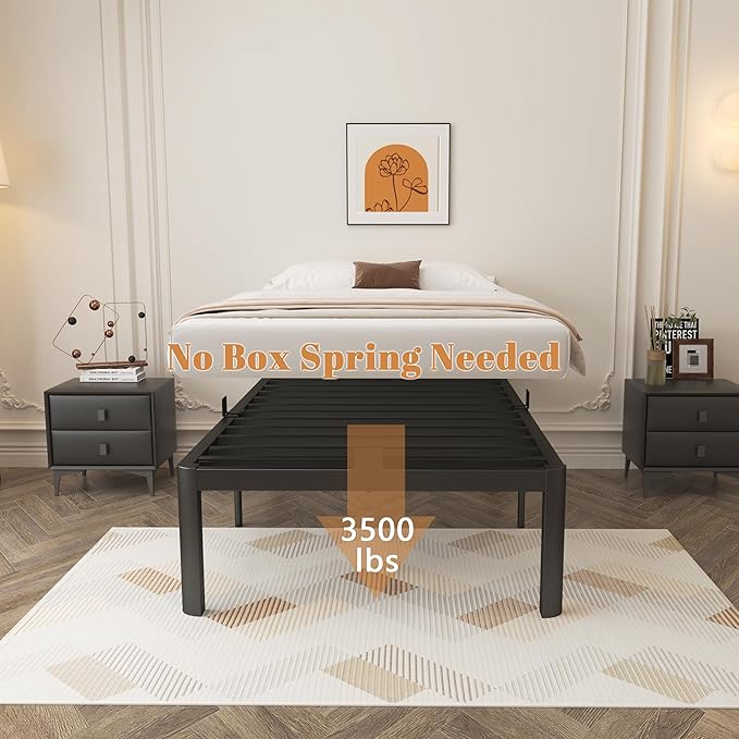 16 Inch Twin Bed Frames, Black Twin Metal Bed Frame with Anti-Slip Baffles, No Box Spring Needed, Heavy Duty Steel Platform Supprt, Rounded Corner Design, Storage Space, Noiseless