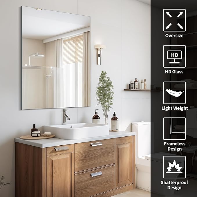 Frameless Mirror, 30x40 Inch Rectangle Bathroom Mirrors for Wall, Upgraded Shatterproof Large Vanity Mirror Over Sink with Polished Edge for Bathroom, Bedroom, Living Room and Entryway