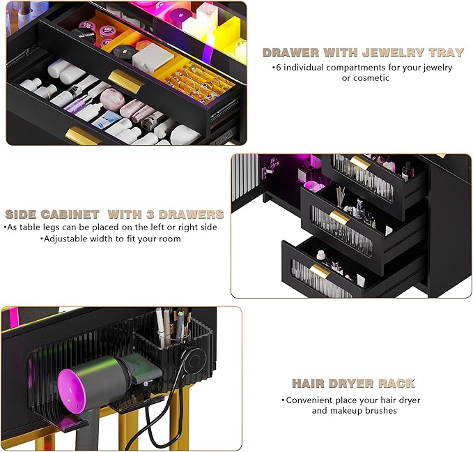 RGB Makeup Vanity Desk with Wireless Charging Station,7 Dynamic and 7 Static Dimmable Vanity Table with Glass Desktop,Vanity Mirror with Lights Desk and Chair,8 Drawers,Stool