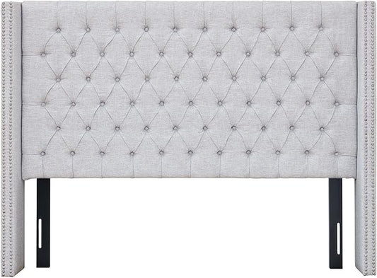 Madison Park Queen Button Tufted Headboard, Adjustable Upholstered Transitional Wingback Headboard, Nailhead Trim, Wooden Frame, Black Metal Legs, Flush Flat Back, Vintage Bedroom Décor Amelia - Grey