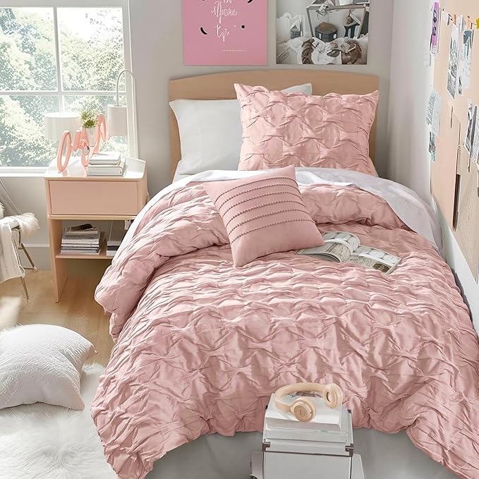 Comfort Spaces Twin/Twin XL Comforter Set for College Ogee Ruched Crinkle Texture Breathable Comforter Set Twin Dorm All Season Lightweight Bedding Set Shabby Chic Décor Pilow Pink 3 Piece