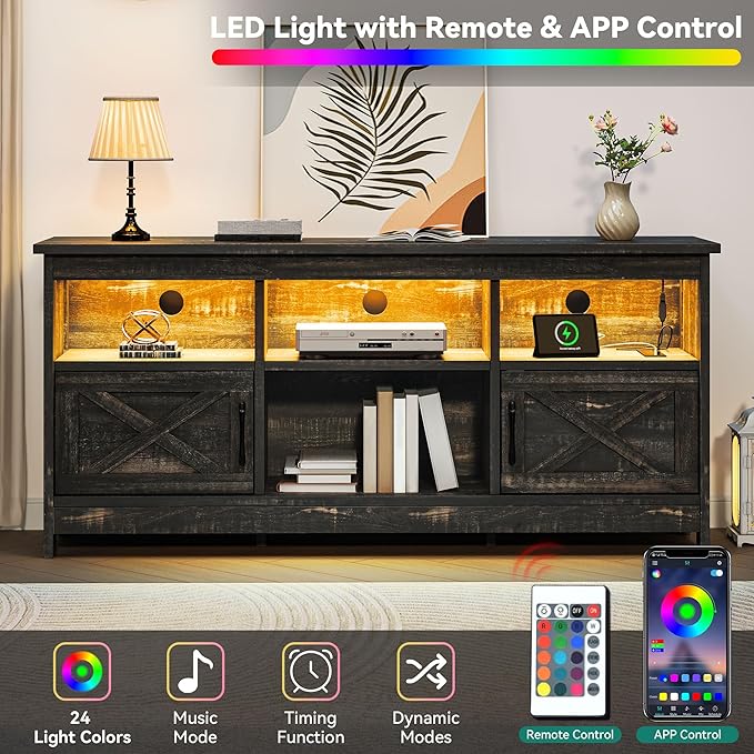 YITAHOME TV Stand for 65 Inch TVs, Entertainment Center with Storage Cabinets, Power Outlet & LED Light, Media Console Living Room Furniture, Dark Rustic Oak